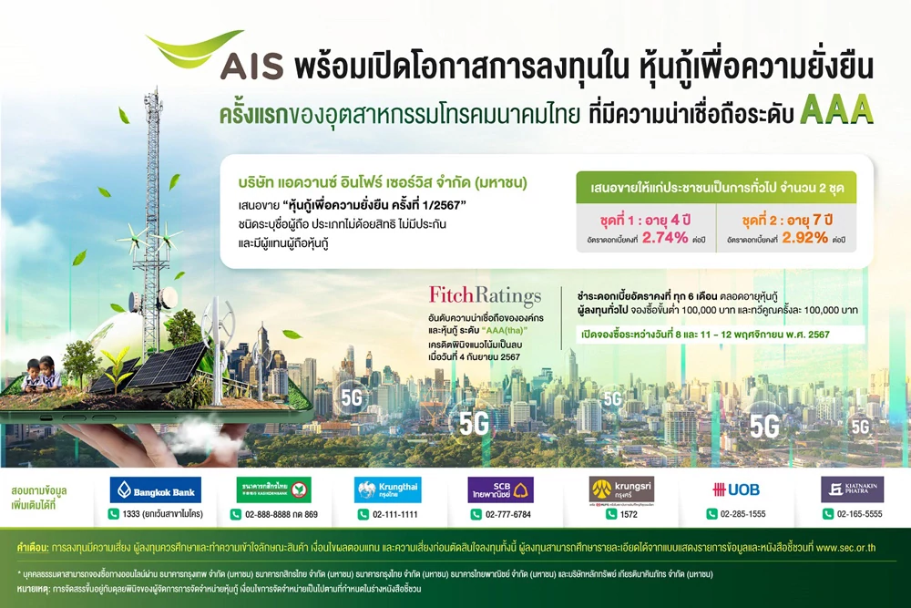 AIS Announces Interest Rate for 4-Year Sustainability Bonds at 2.74% per annum and 7-Year Sustainability Bonds at 2.92% per annum, Offering to the General Public Credit Rating "AAA(tha)" with Expected Subscription Period from November 8 and 11-12, 2024