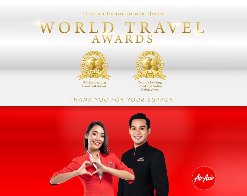 แอร์เอเชียคว้ารางวัลสายการบินราคาประหยัดชั้นนำของโลกเป็นปีที่ 9 ในงาน Word Travel Awards 2021 พร้อมรางวัลชนะเลิศพนักงานต้อนรับบนเครื่องบินสายการบินราคาประหยัด สมัยที่ 5 ต่อเนื่องกัน