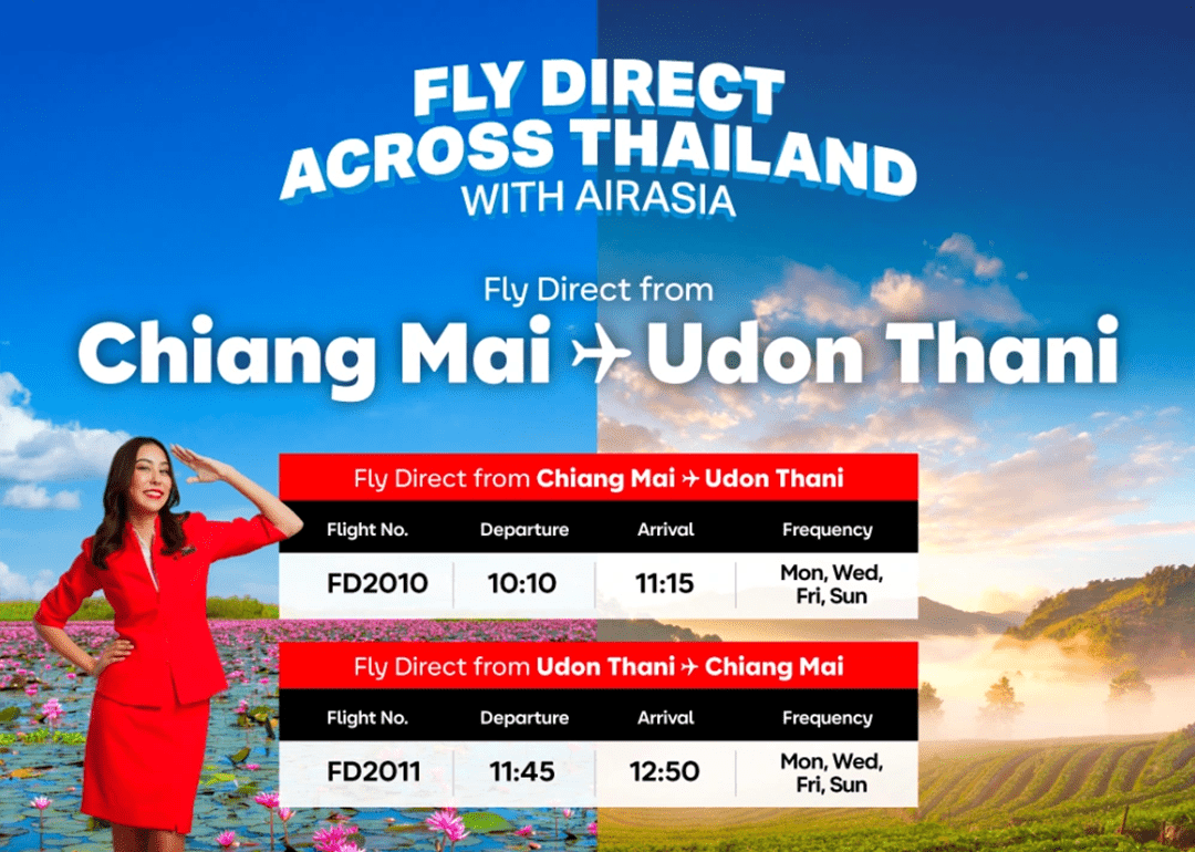 AirAsia Launches New Cross-Region Route: Chiang Mai → Udon Thani from Only THB 999! Connecting North and Northeast — Flights begin 1 December 2025